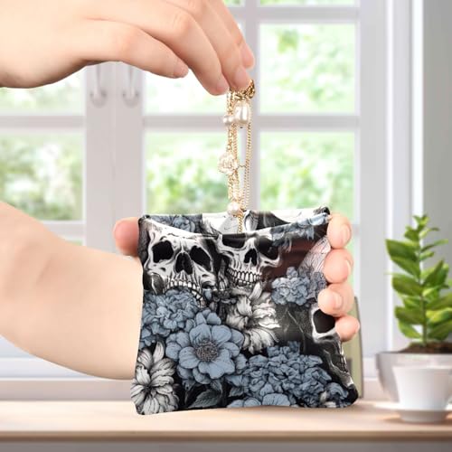Skull Flowers Coin Purse Leather Pouch Change Purse, Squeeze Coin Pouch for Cards, Keys & Lipsticks, Unisex4