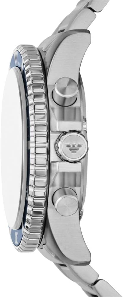 Side view of the Emporio Armani World Explorer watch showing the crown and pushers.