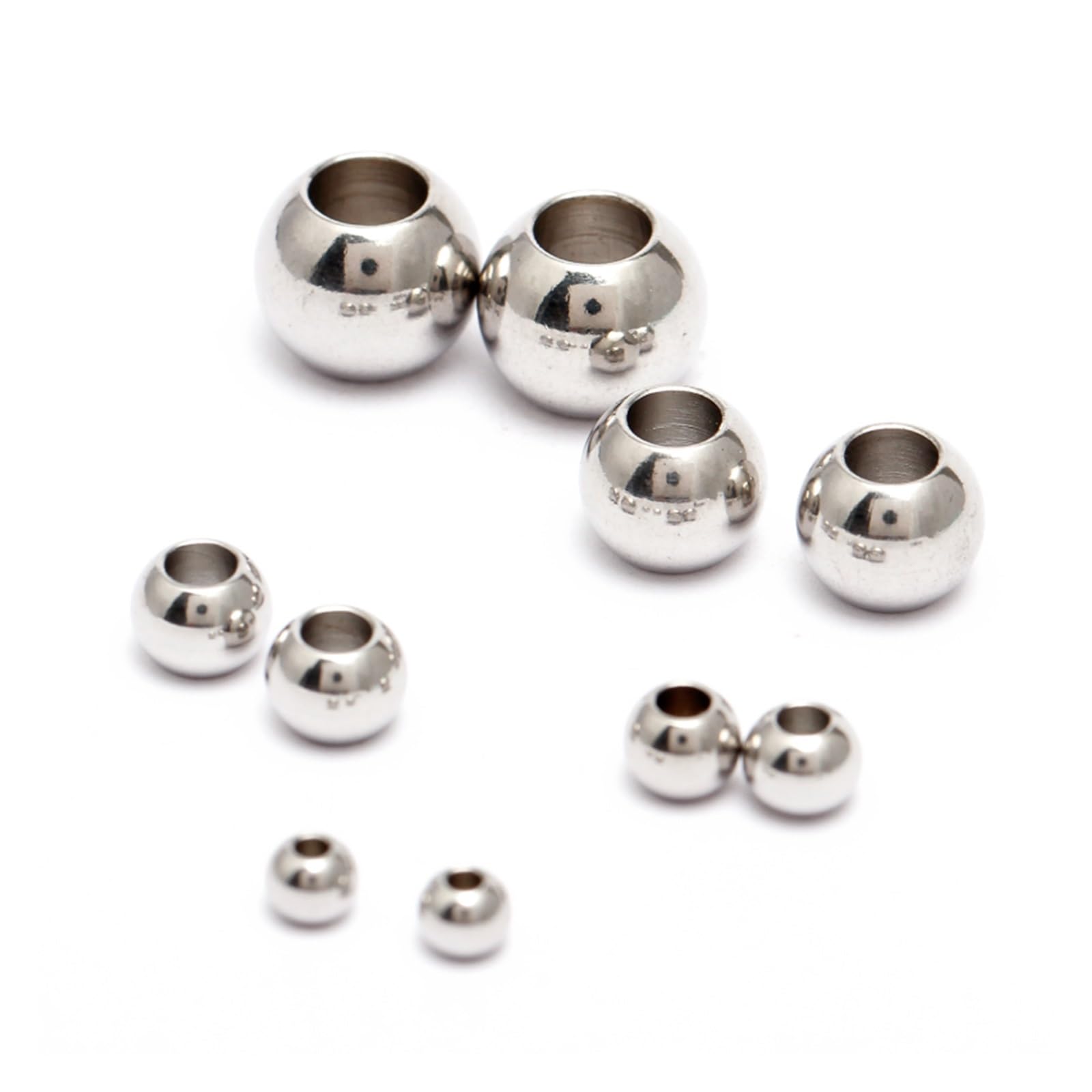 Koraliki z dużym otworem, Opakowanie 50 kulek ze stali nierdzewnej w kształcie pustych, okrągłych z dużym otworem, różne rozmiary(Silver-10mm With 5mm Hole)