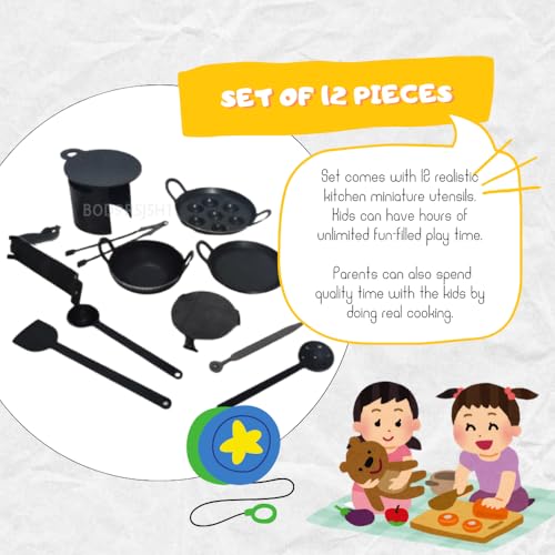Image of Iron Miniature Kitchen Set for Real Cooking | Mini Choppu Saman Toys for Girls /Boys | Safe Cooking Set for Kids | Vintage Product | 12-Piece Kids Kitchen Set for Girls