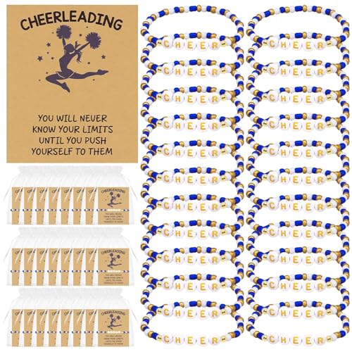72 Pcs Cheerleader Gifts Cheer Bracelets with Inspirational Cards Stackable Charm Friendship Bracelet Preppy Bead Bracelets Bulk Cheer Gifts for Team Women Jewelry Accessories Cheerleading Camp Gift