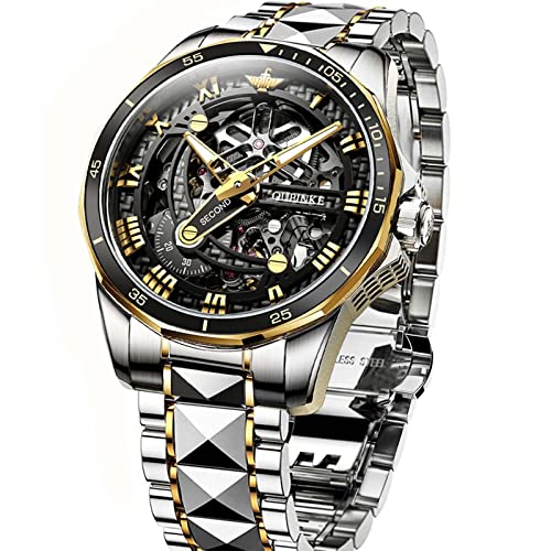 Skeleton Watches for Men Automatic no Battery Watches Self Winding Watches Two Tone Dress Watches Mechanical Watches Silver and Gold Luxury Sapphire Crystal Gold Wristwatches