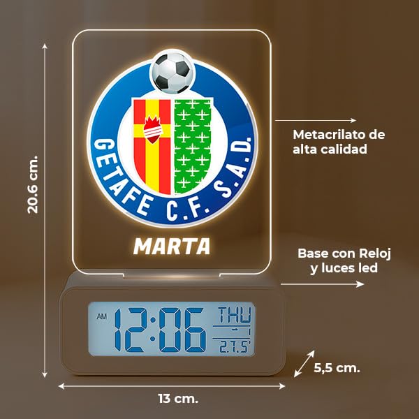 Transparent Gift Reloj Despertador Personalizado con Luz. Diseño Fútbol con Tu Escudo y Nombre. Lámpara Nocturna para Mesita Noche. Regalos Originales Personalizados Cumpleaños para Niños y Jóvenes