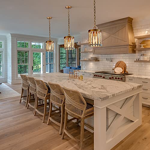 Gold Beaded Chandelier, Pendant Lighting For Kitchen Island, Bohemia Light Fixtures In Antique Gold Finish With White Wood Beads, 6” D X 9” H #TOP1
