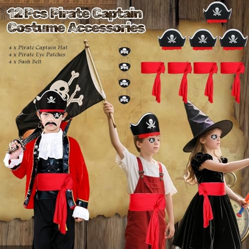 YAFAOCE Pirate Costume Accessory Set with 4pcs Captain Hat Sash Belt Pirate Eye Patch for Halloween Role Play Party