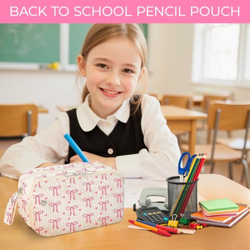Image of WOBAGMEN Cute Pencil Case,Large Corduroy Zippered Pencil Case Pouch, aesthetic Pencil Bag with Compartments, Pencil Pouch School Supplies (pink bow)