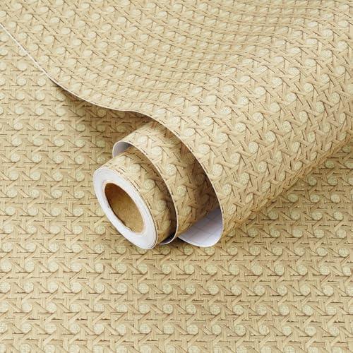 Mangoloo Papel pintado de ratán marrón claro, papel tapiz de ratán para despegar y pegar, papel de pared para sala de estar, baño, papel adhesivo brillante para armarios, envoltura de vinilo, 15.7 x