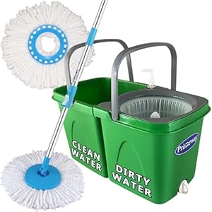Primeway Polypropylene Twin Double Bucket w/Handle 360 Rotating Magic Spin Mop Floor Cleaning Set with 2 Microfibre 34cm 115g Refills, 6 LTR (Green Twin Bucket w/Blue Refills)