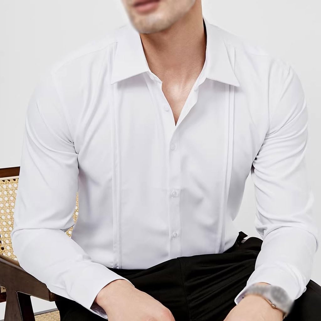 Camisa Francesa Sin Planchar para Hombres, Camisa Blanca Ajustada De Manga Larga, Atuendo De Boda