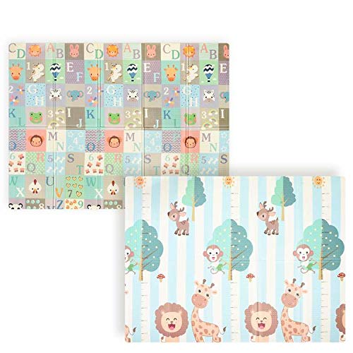 Baby Reversible Play Mat 78.7inchx 59inchx0.4inch Double-Sided Crawling Mat Foldable Waterproof Non-Toxic Portable BPA Free Floor Mat for Toddlers, Infants, Kids (Animals&Letters)