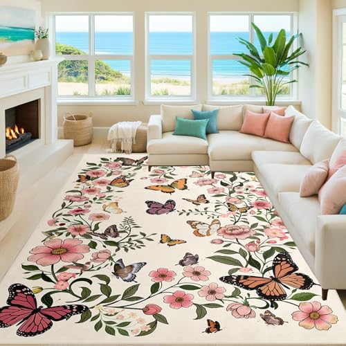 Floral Butterfly 9'x12' Area Rugs - Floral Butterfly Area Rug 9x12 for Living Room Entryway Soft Beige Washable Rugs Ultra-Thin Indoor Door Mat