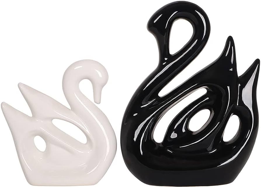 Ashlo's Lucky Swan Couple Piano Finish Ceramic Figures for Home Decor (Set of 2 Pc, Large, White & Black)