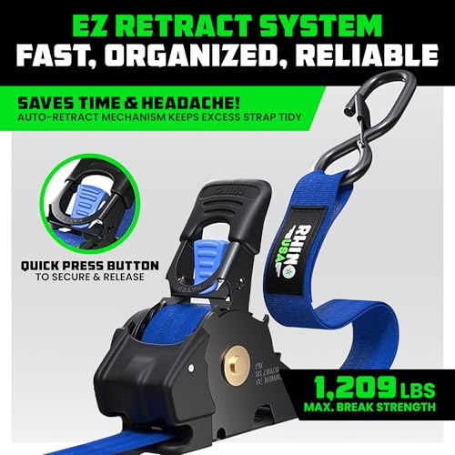 Image of Rhino USA Retractable Ratchet Straps (4-Pack) - 1 Inch x 10 Feet (1,209lb Break Strength) - Auto Self Retracting Tie Down Straps for Truck, Cargo Trailer, Motorcycle, ATV, UTV - Blue