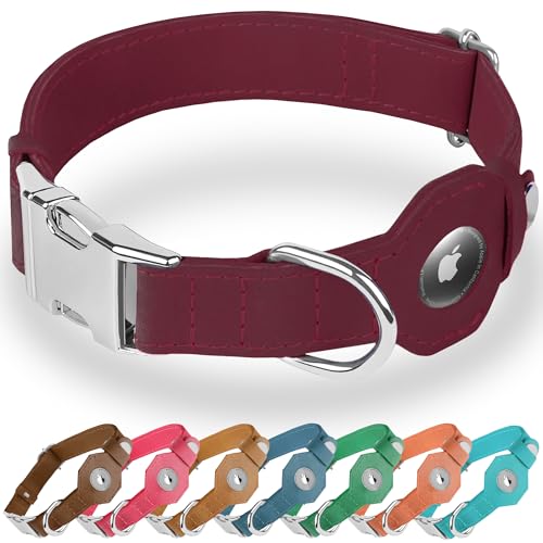 Collier chien cuir bordeaux anti-perte compatible Apple AirTag