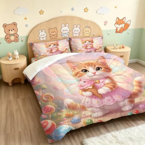 Image of Cute Cat Comforter Set King Size Pink Fantasy Bedding Set for Girl | Cartoon Kitten with Wings Bedding Set for Girls Kids Toddlers, 3 Piece Pink Soft Bed Set with 1 Comforter 2 Pillowcases
