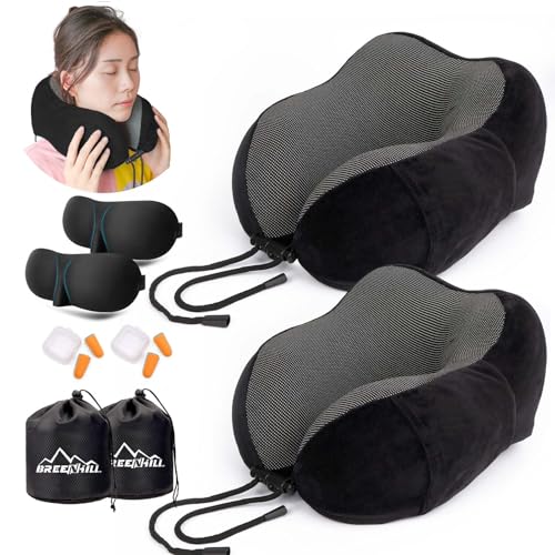 BREENHILL ネックピロー 低反発 首枕 U型 携帯枕 折りたたみ式トラベルピロー(収納袋付き)、軽量、洗濯可能、キャンプ/旅行/オフィス/家庭用車/飛行機/列車/バス用トラベルアクセサリ (2, ブラック, 標準)