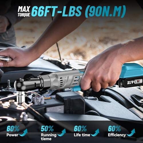 1/2" Cordless Electric Ratchet Wrench, 66Ft-lbs Battery Ratchet Wrench 21V Max, Brushless Motor, Variable Speed Trigger, 2x 2.0Ah Batteries & Charger, 8 Sockets, 1/4" & 3/8" Adapter, 3" Extension Bar