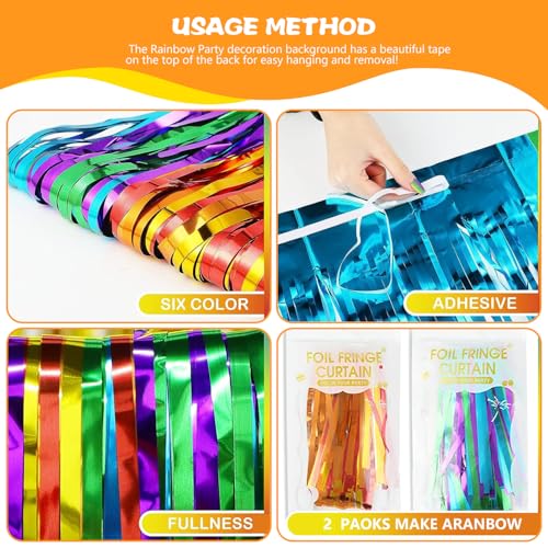 Image of Rainbow Foil Fringe Curtains 2-Piece Rainbow Party Decoration Glitter Hanging Streamers for Disco Carnival Events Metal Tassel Holiday Party Photo Booth 3.3x6.6 Feet