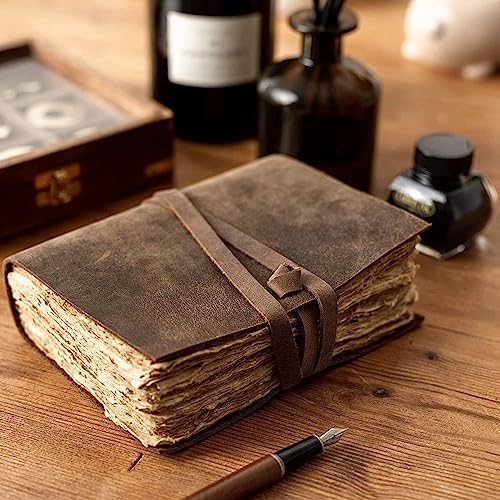 Image of ALCRAFT Leather Journal Vintage Leather Bound Handmade Antique Deckle Edge Paper Sketchbook Book Of Shadows Thick Journal For Men And Women