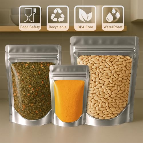 Image of Transparent Front /Silver Back Stand-Up Zipper Pouch, 14cm x 21cm, Pack of 10, Food Grade, Reusable LDPE Zip Lock Bags for Food Storage & Packaging Capacity 250g