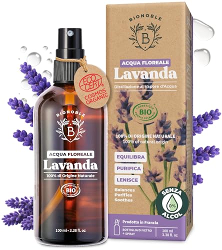 BIONOBLE Idrolato di Lavanda Bio e 100% di Origine Naturale - Lenisce, Purifica e Regola - Acqua di lavanda per Acne - Viso, Corpo, Capelli - Bottiglia di Vetro con Spray - Prodotto in Francia - 100ml