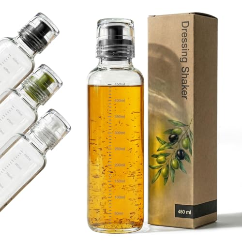 Greymount Dressingshaker aus Glas mit Skalierung 450ml | Dressing Behälter mit tropffreien Ausguss spülmaschinengeeignet | Für Salatdressings Marinaden & Saucen (Schwarz Borosilikatglas)