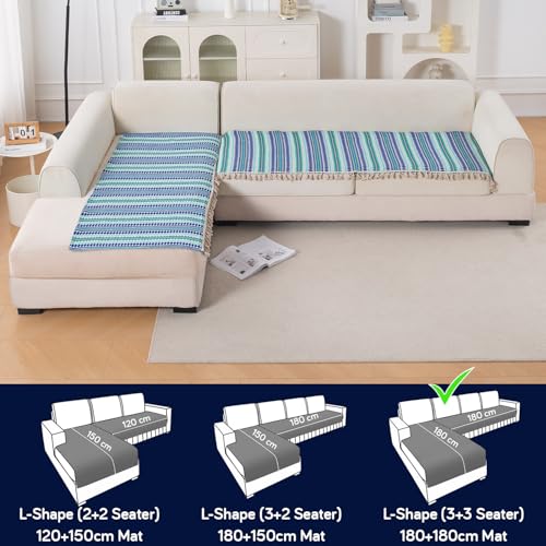 Image of HOKIPO 'Artisan Boho Series' L Shape (3+3 Seater) Seat Mat for Sofa | Thick 450 GSM Cotton Acrylic Jacquard Fabric Cover with Tassel, Royal Blue (IN-904-A2*2)
