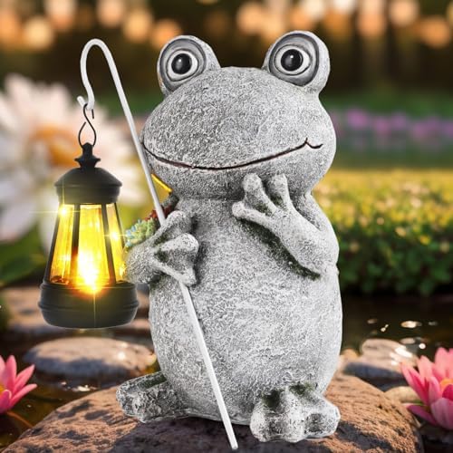 Solar Frosch Gartenfiguren mit Laterne – Frosch Gartendeko Statue Wetterfest Solar Frosch Gartendekoration für Draußen Balkon Terrassen Geschenke für Frauen Männer Mama Geburtstag 20CM