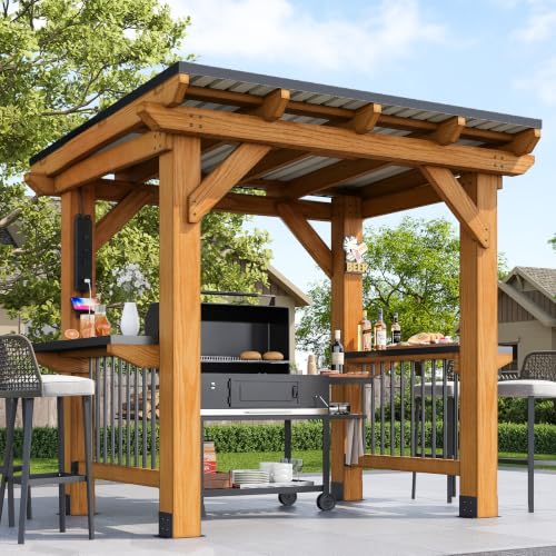 Image of Aoxun 8' x 5' Cedar Wood Grill Gazebo with Weather-Resistant Power Strip | Hardtop BBQ Gazebo, Permanent Wooden Pavilion with Sloped Galvanized Steel Roof and Bar Tops for Backyard, Patio