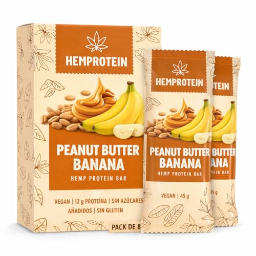 Hemprotein Peanut Butter Banana Hemp Protein Bar – Pack de 8 (8 × 45 g) | Barrita Proteica Vegana con Semillas de Cáñamo | ~12 g Proteína | Sin Azúcar Añadido | Sin Gluten