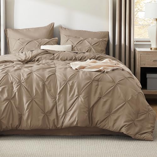 Image of Bedsure Full Size Comforter Sets Khaki - Bed in a Bag Full Size Bedding Set 7 PCS, GentleSoft Pintuck Bed Set Gift for Family, All Season Down Alternative Comforter with Sheets, Pillowcases & Shams