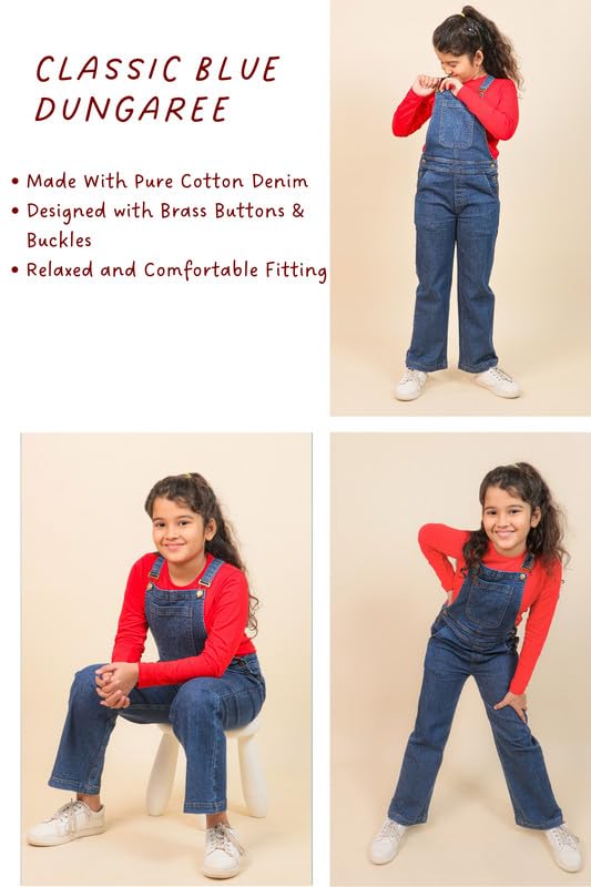 Image of Tweeny Mini Girls Pure Cotton Denim Dungaree for Kids | Relaxed Fit Full Length Overall Outfit with Pockets | Adjustable Straps