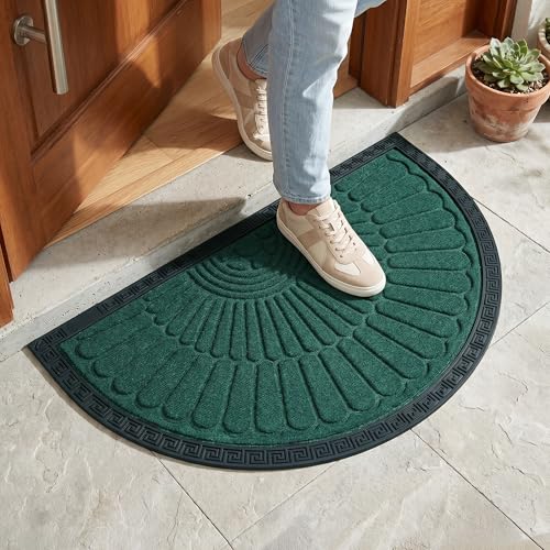 Image of Yellow Weaves Semi Circle Door Mat for Home Entrance, Half Moon Outdoor Rubber Mat - Non-Slip, Anti Skid Half Circle Foot Mat, Dirt Trapper, Heavy-Duty, Waterproof Main Doormat, 45x70 cm | Green