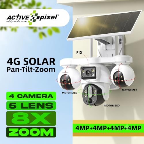 Image of Active Pixel 4G 4MP Solar Security Camera Outdoor | 4 Camera Setup with 8X Zoom PTZ Main Lens 360 Pan Tilt | Dual Screen View | SIM Supported No WiFi CCTV | Color Night Vision | AI Motion Detection