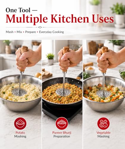 Image of Ajay's Shoppe Heavy Duty Stainless Steel Potato Masher 20.5 CM | 10.2 CM Wide Base Pav Bhaji Masher with Wooden Handle for Kitchen Use