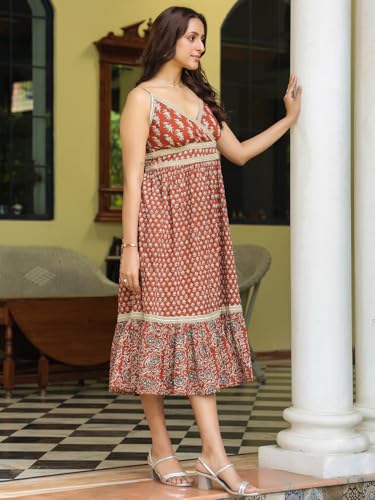 Image of SAVI Women's Cotton Printed Midi Dress | Sleeveless V-Neck A-Line Flared Kurti Style Long Dress | Casual Summer Ethnic Wear for Women