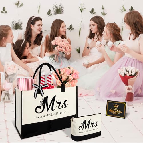 Image of Mrs 2026 Bride Canvas Tote Bag,Bridal Shower Gift,Bachelorette Party Favors | Large Capacity,Easy to Clean and Reusable, Waterproof Coating, Bride to be Gift Bag, Bride Gifts for Wedding Day, Mrs Bag