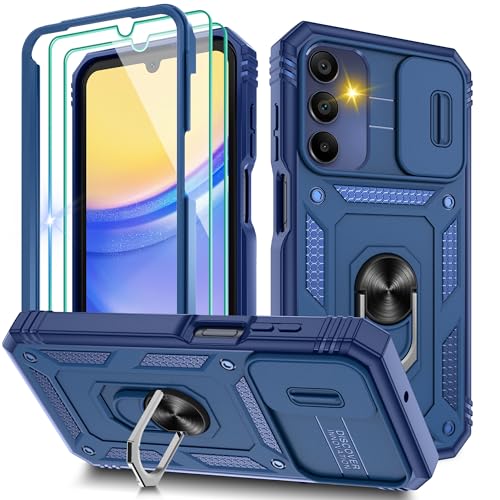 Pilaru 3 in 1 for Samsung A15 Phone Case | With Front Frame | [Separate] 2 Screen Protector & Kickstand Ring & Camera Cover Military Grade Drop Shockproof Protection for Galaxy A15 Blue