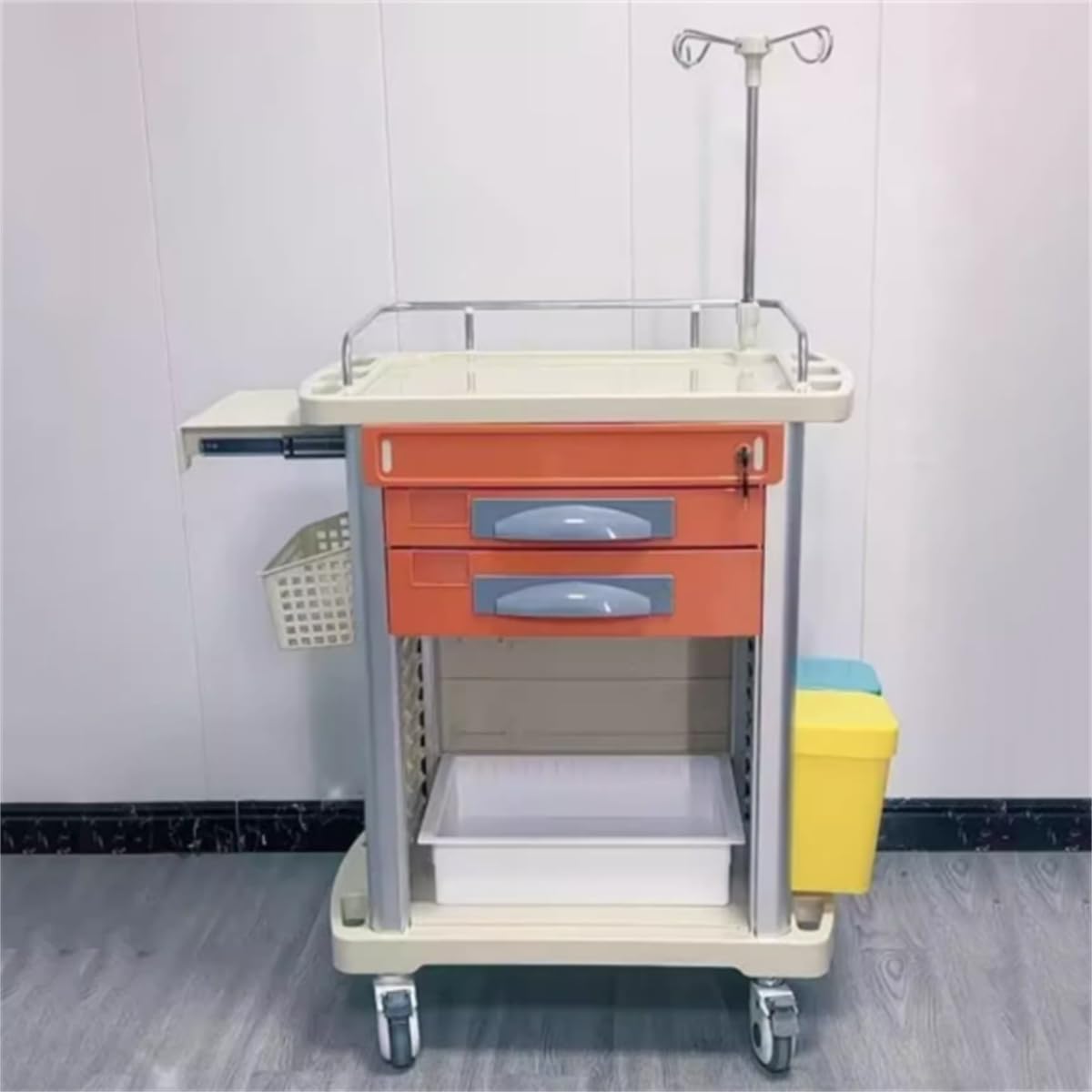 Mobilny wózek medyczny z podwójną szufladą i stołem warsztatowym, akcesoria awaryjne w zestawie, do centrów pielęgniarskich i klinik, łatwy do czyszczenia