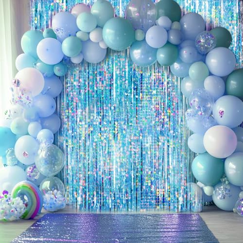 Image of 4 Packs Blue Foil Fringe Curtain, Light Blue Glitter Metallic Tinsel Backdrop for Birthday, Wedding, Baby Shower, Bachelorette, Ocean, Princess Party Decorations Supplies