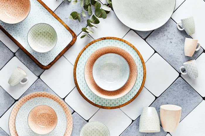 BJORN Service de Table Complet en Porcelaine Émaillée – Collection PATTERN Pastel – Vaisselle Dépareillée pour 6 Personnes, Assiettes et Arts de la Table