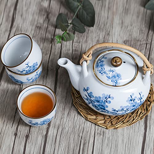 fanquare Juego de Té Japonés de Porcelana Azul y Blanca, Servicio de Té de Flor de Ciruelo, Tetera de Cerámica con Mango… - Imagen 5