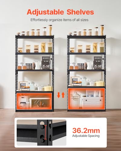 Image of VEVOR Storage Shelves, 2000 lbs, 5 Tier Garage Storage Shelving, 16 inch D x 36 inch W x 71.4 inch H Adjustable Metal Shelves for Garage Shelves Utility Rack Shelf, Ideal for Kitchen, Warehouse, Basement, Black