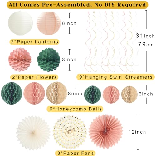 Image of Pink Sage Green Happy Birthday Decorations, Pre-Strung Happy Birthday Banner with Honeycomb Balls, Paper Flowers, Lanterns, Hanging Swirls, Circle Dots Garland for Birthday Party Decorations 24pcs