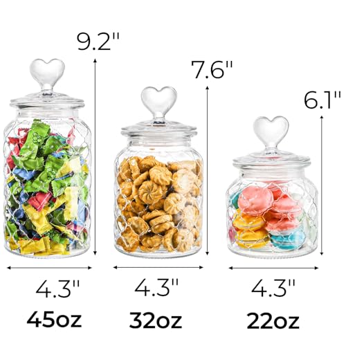 Image of Hiceeden Set of 3 Cute Glass Jars with Airtight Lids, Candy & Cookie Food Storage Containers with Heart-shaped Handle, Glass Canister with Grid Texture for Coffee Beans, Flour, Sugar, 22 /32 /45oz