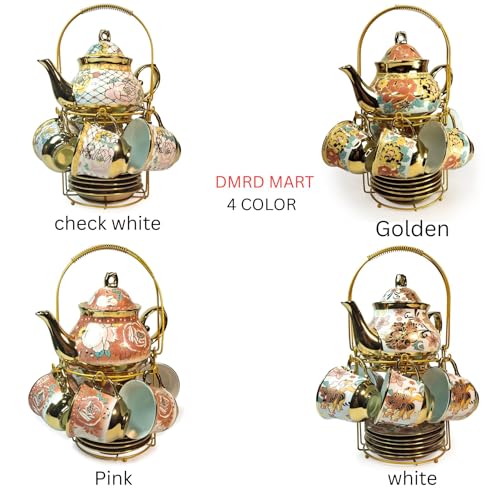 Image of DMRD Ceramic Tea Set -13 Pcs |1Kettle (800 ml), 6 Cups (180ml) & 6 Plates | Microwave & Dishwasher Safe | Elegant Morning Tea Set for Gifting | Floral & Aesthetic Design | Cute Cups Set (Pink)