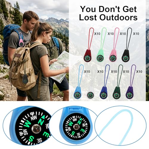 90 Pack Mini Compass Keychain con Lanyard - 9 Colores Vibrantes, Diámetro 1 Pulgada, Longitud 4.72 Pulgadas, Material PP Duradero para Senderismo, Camping, Supervivencia, Navegación, Aventura al Aire Libre miniatura 3