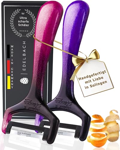 Edelbach Solingen | Küchenmesser Set | Deutsch | Ultrascharf | kleine Messer, Messerset, Obstmesser, Gemüsemesser, Schäler, Sparschäler, Schälmesser, Solingen-Messer (2x Schäler - Himbeer u. Lila)