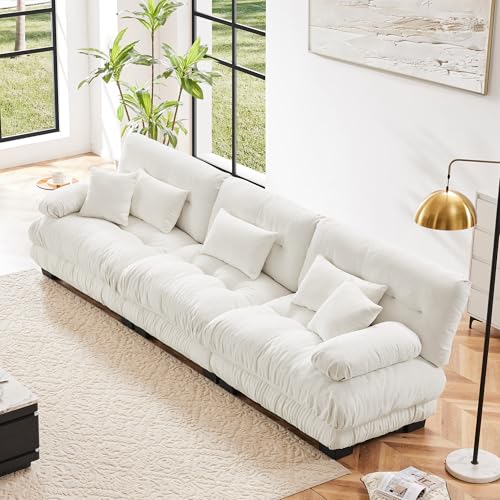 YESER Modular Sectional Sofa Cloud Couch, Deep Seat 3-Seater Sectional Couches for Living Room, Comfy Soft Chenille Sofa with 5 Pillows, Modern Modular Couch Round Armrests Oversized Sofas, White