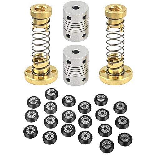 Lysee 3D Printer Parts & Accessories - T8 Anti Backlash Spring Loaded Nut (2Pcs)5mm to 8mm Stepper Motor Coupler(2PCS) with 20Pcs V-Shape Groove Wheel - (Color: As Shown)